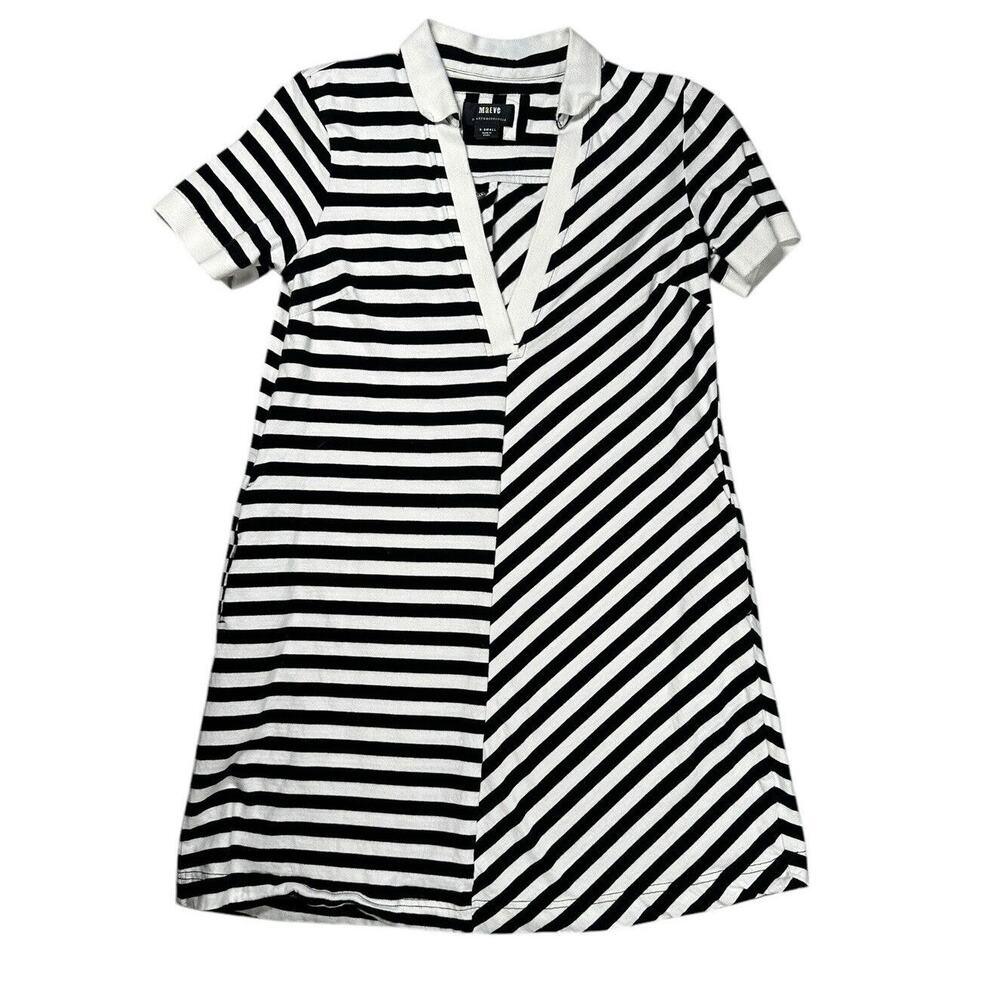 Maeve Anthropologie Polo Rugby Mini Dress XS Black White Striped V Neck T Shirt